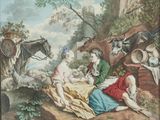 un tableau représentant un homme et une femme assis par terre en compagnie d'animaux