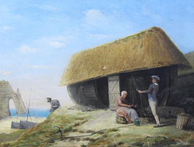 a painting of a man and a woman standing outside of a hut