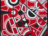 une peinture abstraite représentant un motif rouge, noir et blanc