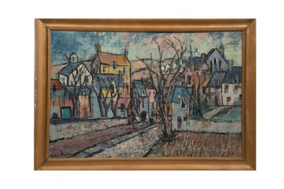 a painting of a street scene with houses and trees