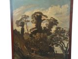 une peinture à l'huile représentant un paysage avec des personnages dans un décor boisé