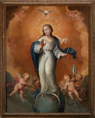an image of a painting of a woman holding a dove above a globe