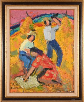 a painting of two men and a woman in a field