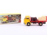 yellow and red toy truck with a box on the back of it