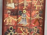painting of a group of people on a wall with a red background