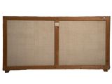 an image of a wooden cabinet with two doors and a beige linen cover