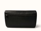 the black leather wallet is open and ready to be used