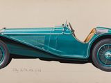 dessin représentant une voiture bleue sur un fond beige, avec un arrière-plan marron