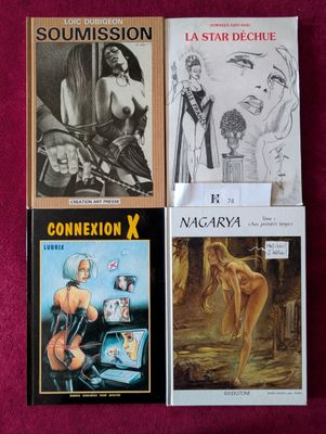 trois livres posés sur un tissu rouge orné du dessin d'une femme