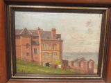 painting of a house on a hill overlooking a body of water with a horse in the foreground