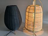 two lamps sitting next to each other on a table