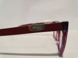 the glasses are made of plastic and have a purple frame