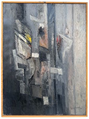 une peinture à l'huile représentant un tableau représentant un bâtiment sur lequel figure une horloge