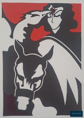 poster of a man with a horse in front of a red and black background