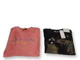 two t - shirts and a bag of clothes on a white background