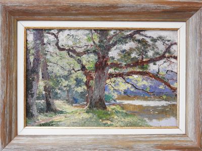 an oil painting of a large tree in a wooded area
