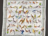 a close up of a square scarf with birds on it