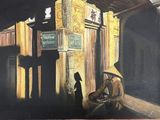 un tableau représentant un homme assis sur un banc devant un immeuble