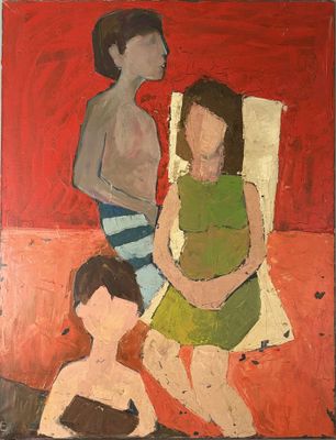 tableau représentant deux enfants assis sur un lit, sur fond rouge