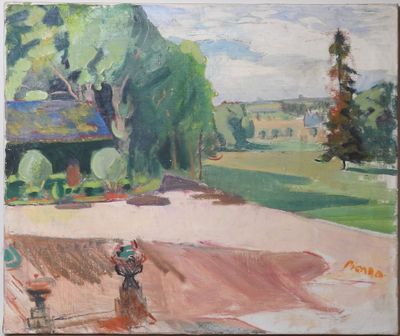 une peinture à l'huile représentant une personne marchant sur un sentier dans un parc