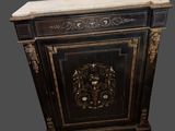 an image of a black cabinet with a marble top on a gray background
