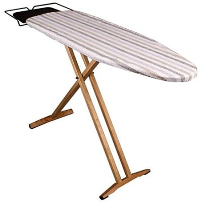 an ironing board on a wooden stand with a striped cover