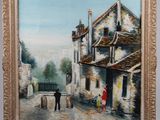 une peinture à l'huile représentant un homme et une femme marchant dans une rue