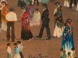 a painting of a crowd of people walking down the street