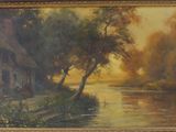 l'image d'une peinture représentant une rivière avec une maison à l'arrière-plan