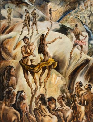 un tableau représentant un groupe de personnes rassemblées autour d'un homme à cheval