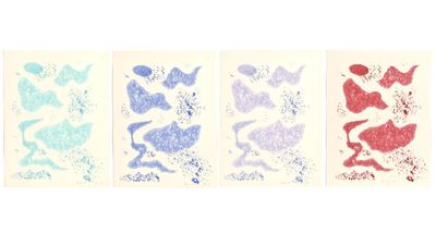 four different colored prints of different shapes on a white surface