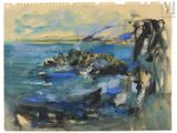 une image d'une peinture représentant une scène de plage avec des rochers et de l'eau