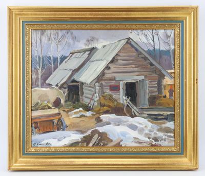 une peinture à l'huile représentant une grange avec un cheval dans la neige
