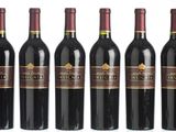 six bottles of red wine are lined up in a row