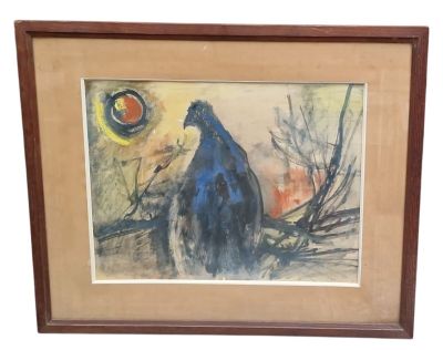 tableau représentant un oiseau noir perché sur une branche d'arbre, avec le soleil en arrière-plan