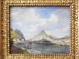 an oil painting of a river scene with boats and mountains in the background