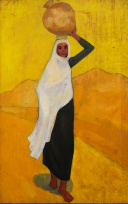 une peinture à l'huile représentant une femme portant un panier sur la tête