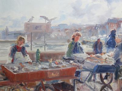 a painting of a group of people sitting at a table