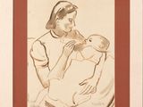 drawing of a woman feeding a baby with a bottle in her hand