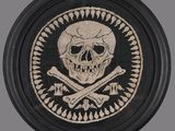 skull and crossbones in a black frame with a white background