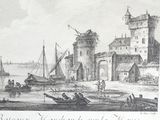 a drawing of a castle on the water with boats in the foreground