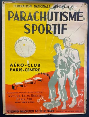 une vieille affiche faisant la promotion du parachutisme à Paris