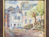 une image représentant une peinture d'une scène de rue avec des maisons en arrière-plan