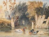 a painting of ducks swimming in a river with a house in the background