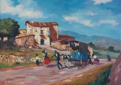 painting of a painting of people walking down a dirt road with a horse drawn carriage