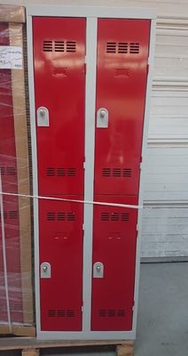 two red lockers stacked on pallets next to each other
