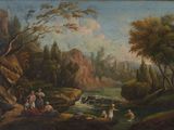 tableau représentant un paysage fluvial avec un groupe de personnes au premier plan