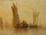 un tableau représentant un bateau sur l'eau, avec une ville en arrière-plan