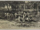une photo en noir et blanc représentant un groupe de chiens dans un champ
