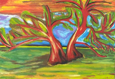 painting of a painting of a tree in a field with a sunset in the background